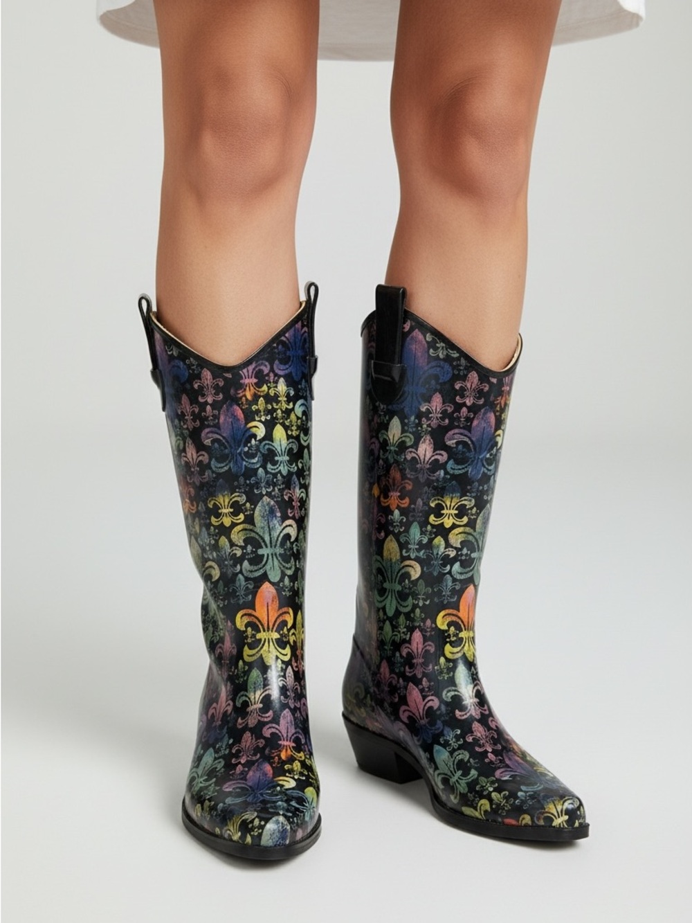 Corkys Black Knee-High Rain Boots with Multicolor Fleur Pattern